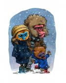 Guznag - Illustration originale - trois singes en hiver 