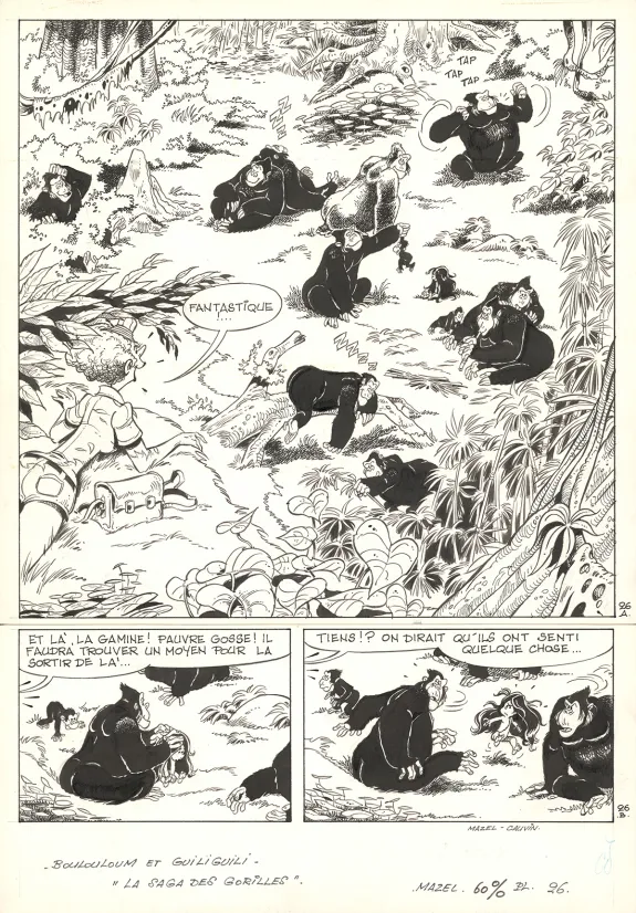Planche noir et blanc, Boulouloum et Guiliguili (Les jungles perdues) , La Saga des gorilles (T.5),  Mazel