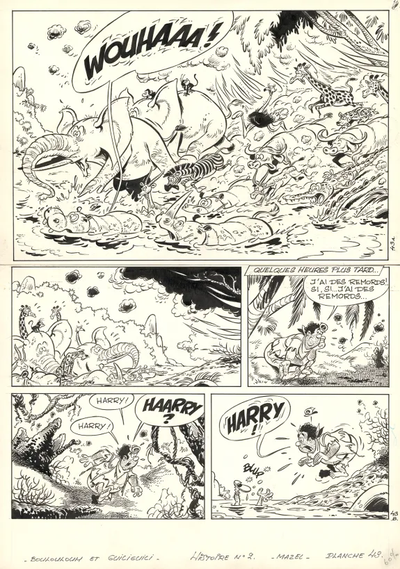 Black and white original page, Boulouloum et Guiliguili (Les jungles perdues) , Chasseurs d'ivoire (T.2),  Mazel
