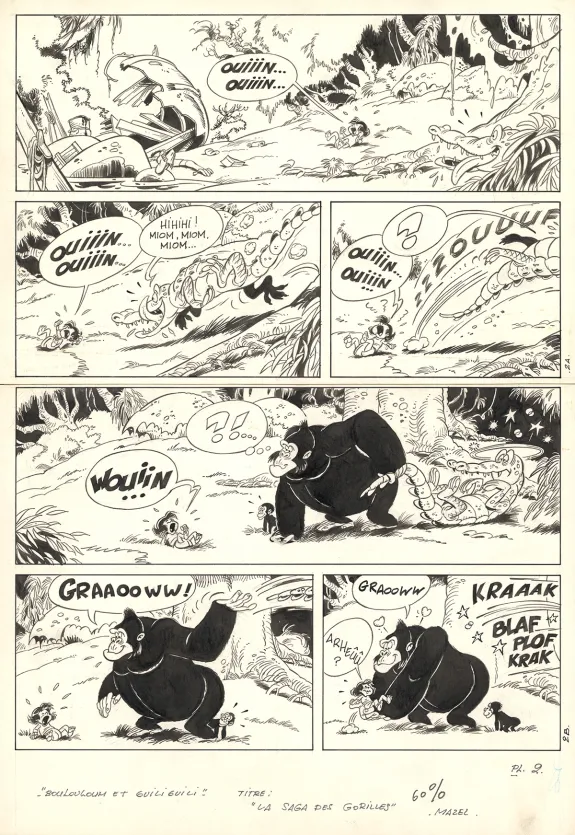 Planche noir et blanc, Boulouloum et Guiliguili (Les jungles perdues) , La Saga des gorilles (T.5),  Mazel