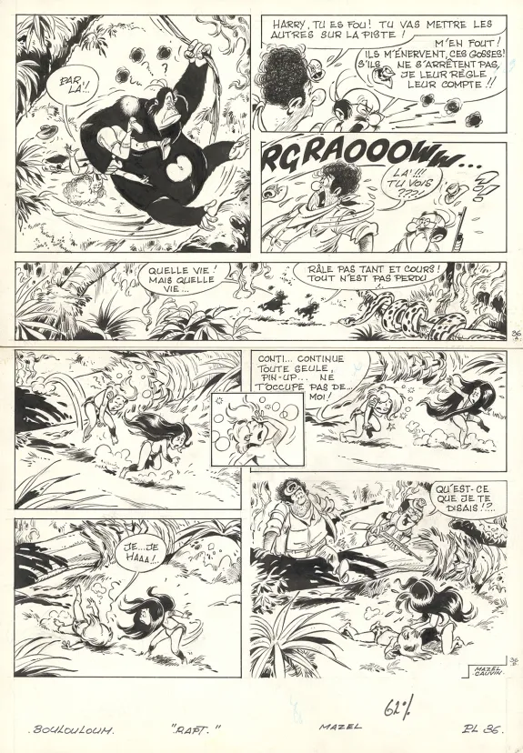 Planche noir et blanc, Boulouloum et Guiliguili (Les jungles perdues) , Rapt (T.6),  Mazel