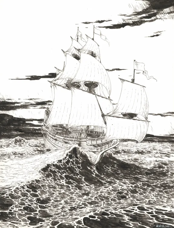 Black and white illustration, 1629... ou l'Effrayante Histoire des naufragés du Jakarta, Thimothée Montaigne