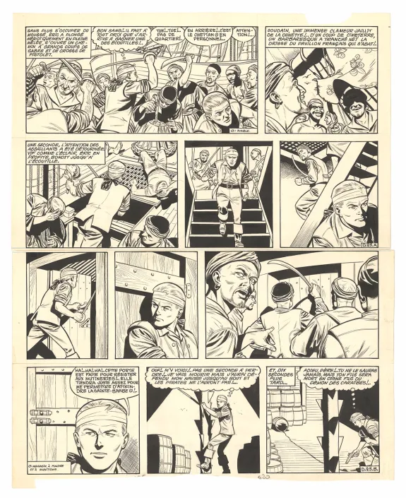 Black and white original page, Barbe-Rouge, Défi au Roy (T.4), Victor Hubinon