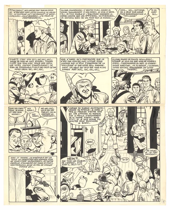Black and white original page, Barbe-Rouge, Défi au Roy (T.4), Victor Hubinon