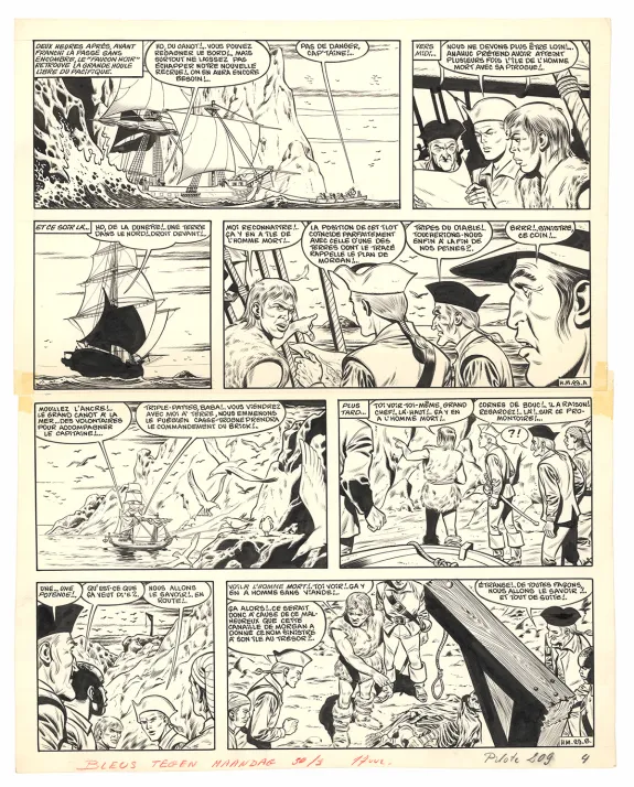 Black and white original page, Barbe-Rouge, L'Île de l'homme mort (T.7), Victor Hubinon