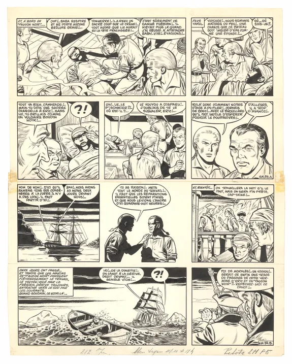 Black and white original page, Barbe-Rouge, L'Île de l'homme mort (T.7), Victor Hubinon