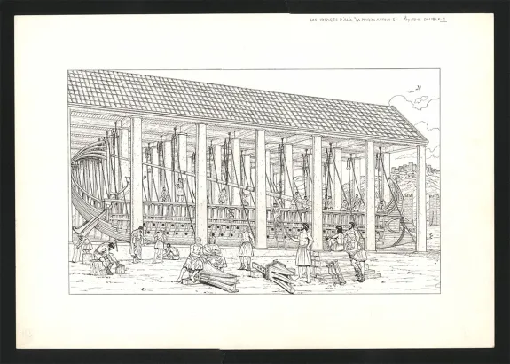 Black and white illustration, Les Voyages d'Alix, La Marine Antique (T.2), Marc Henniquiau