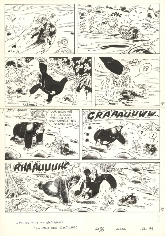 Planche noir et blanc, Boulouloum et Guiliguili (Les jungles perdues) , La Saga des gorilles (T.5),  Mazel
