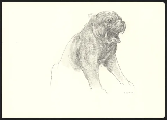 Illustration noir et blanc, Les Carnets Lovecraft, Le Molosse, Armel Gaulme