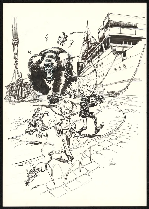 Black and white illustration, Spirou et Fantasio,  Yoann