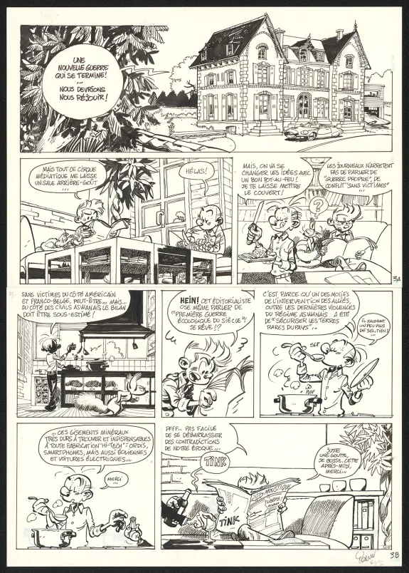 Black and white original page, Spirou et Fantasio, Le Groom de Sniper Alley (T.54),  Yoann