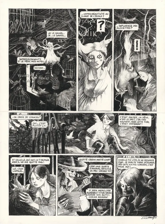 Black and white original page, Ornithomaniacs, Daria Schmitt