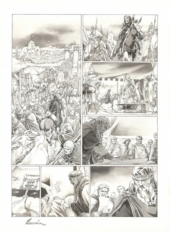 Black and white original page, Chroniques de Roncevaux, La Légende de Roland (T.1), Juan Luis Landa