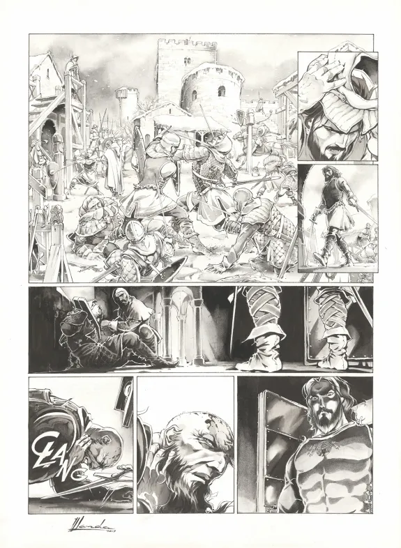 Black and white original page, Chroniques de Roncevaux, La Légende de Roland (T.1), Juan Luis Landa