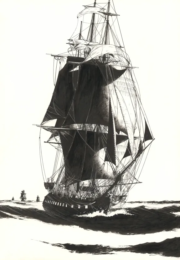 Black and white illustration, USS Constitution, Franck Bonnet