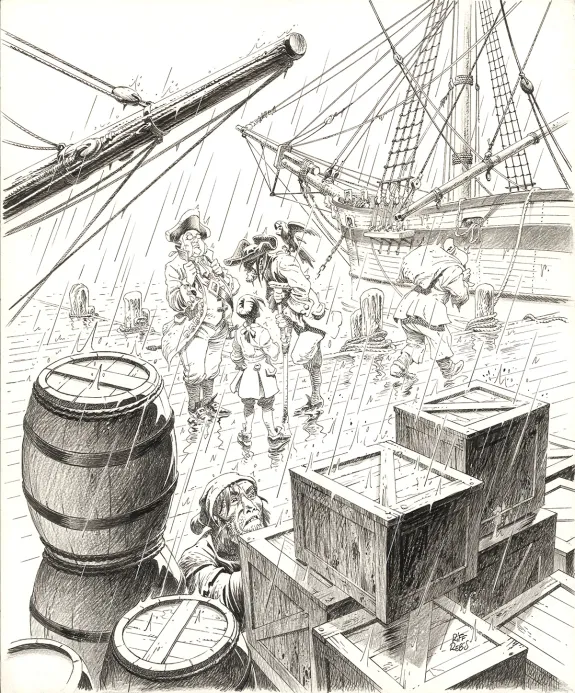 Illustration noir et blanc, L'Île au trésor,  Riff Reb's