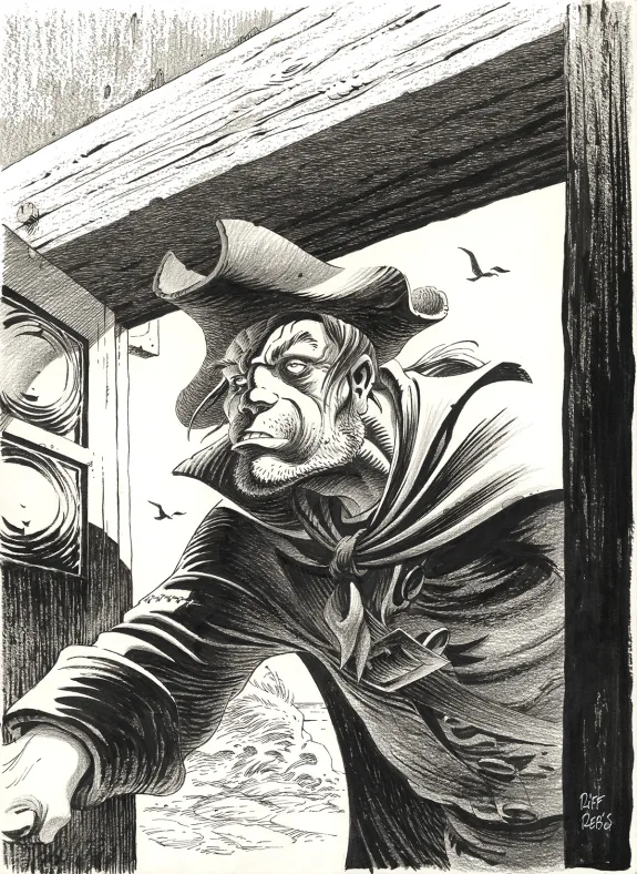 Black and white illustration, L'Île au trésor,  Riff Reb's
