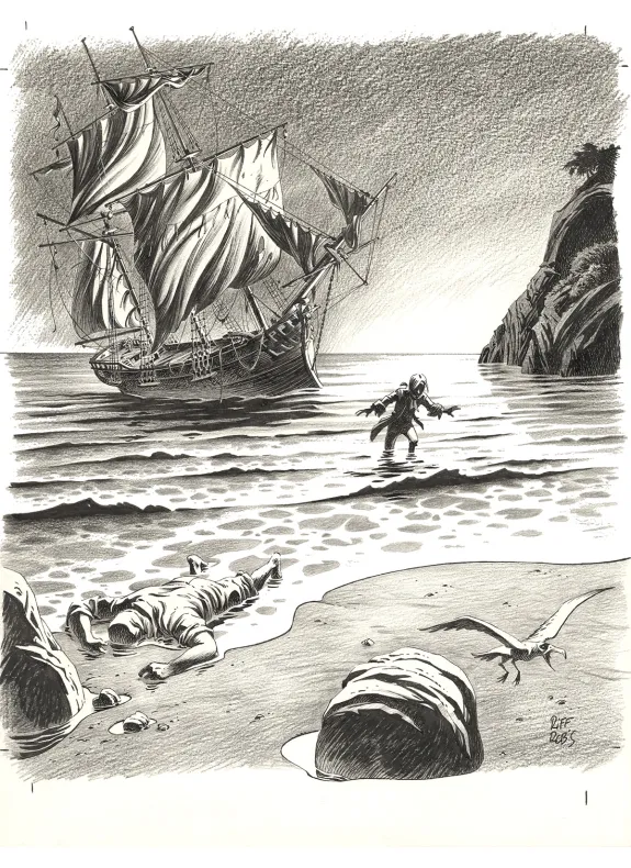 Black and white illustration, L'Île au trésor,  Riff Reb's