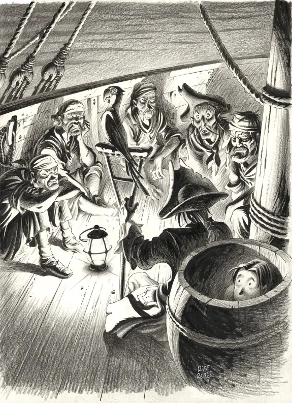 Black and white illustration, L'Île au trésor,  Riff Reb's