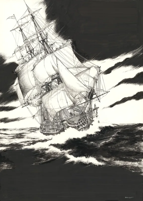 Black and white illustration, USS Constitution, Franck Bonnet