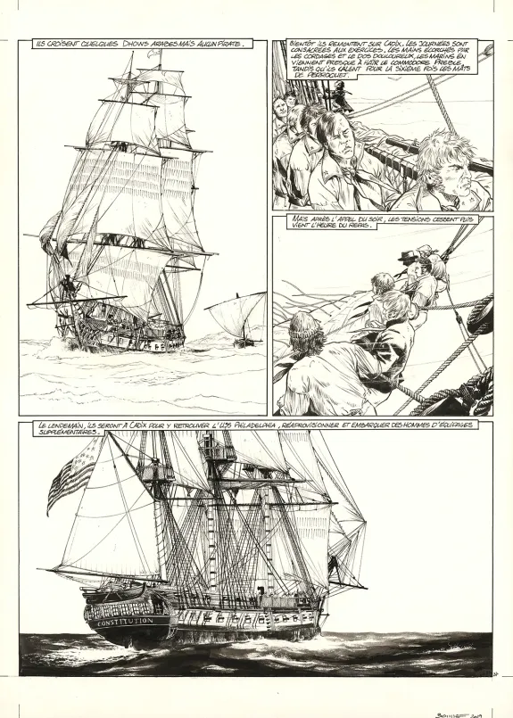 Black and white original page, USS Constitution, Livre I - La Justice à terre est souvent pire qu'en mer (T.1), Franck Bonnet