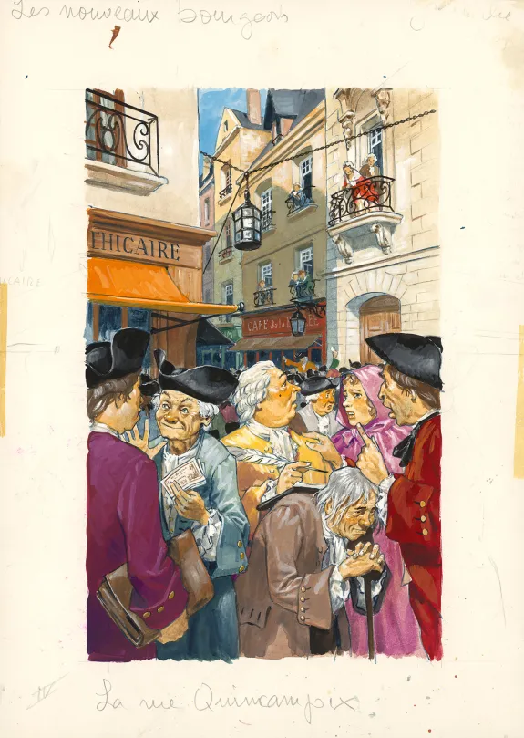 Colored illustration, La Vie privée des Hommes, Au temps de Louis XV et des guerres en dentelle... (T.24), Pierre Joubert