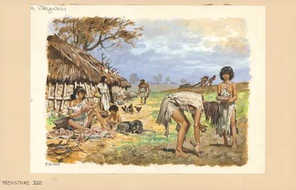 Colored illustration, La Vie privée des Hommes, Les Temps préhistoriques (T.1), Pierre Joubert