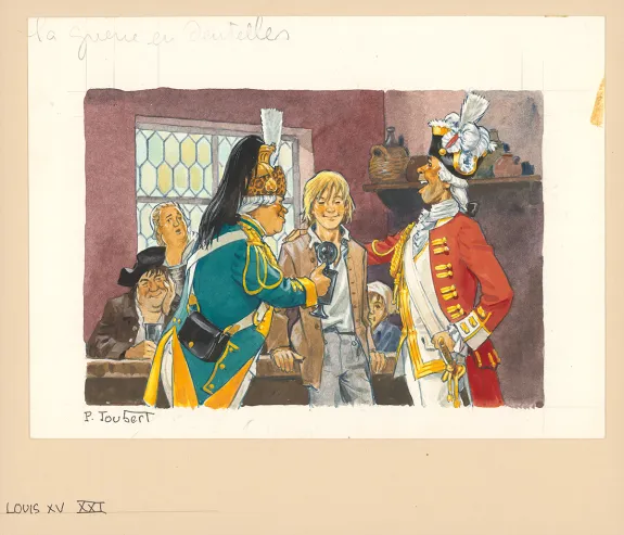 Colored illustration, La Vie privée des Hommes, Au temps de Louis XV et des guerres en dentelle... (T.24), Pierre Joubert
