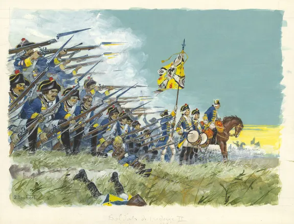 Colored illustration, La Vie privée des Hommes, Au temps de Louis XV et des guerres en dentelle... (T.24), Pierre Joubert