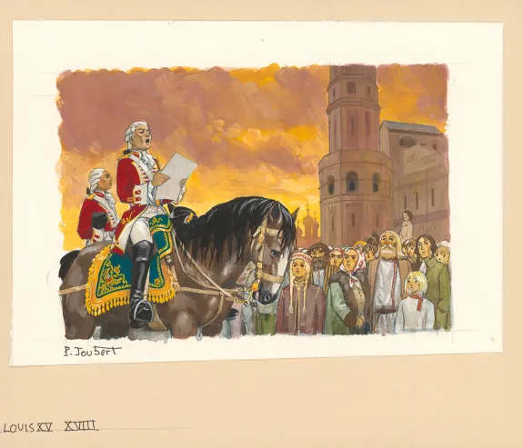 Illustration couleur, La Vie privée des Hommes, Au temps de Louis XV et des guerres en dentelle... (T.24), Pierre Joubert