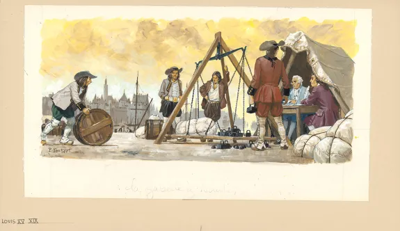 Colored illustration, La Vie privée des Hommes, Au temps de Louis XV et des guerres en dentelle... (T.24), Pierre Joubert