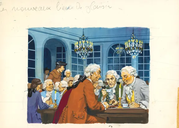 Colored illustration, La Vie privée des Hommes, Au temps de Louis XV et des guerres en dentelle... (T.24), Pierre Joubert