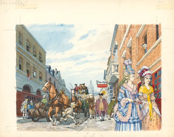 Colored illustration, La Vie privée des Hommes, Au temps de Louis XV et des guerres en dentelle... (T.24), Pierre Joubert