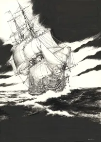 Black and white illustration, USS Constitution, Franck Bonnet