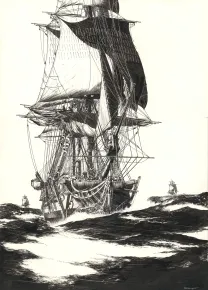 Black and white illustration, USS Constitution, Franck Bonnet