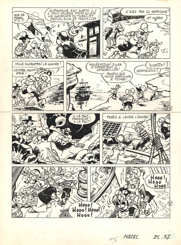 Black and white original page, Les Mousquetaires, Le Vaisseau des brumes (T.2),  Mazel
