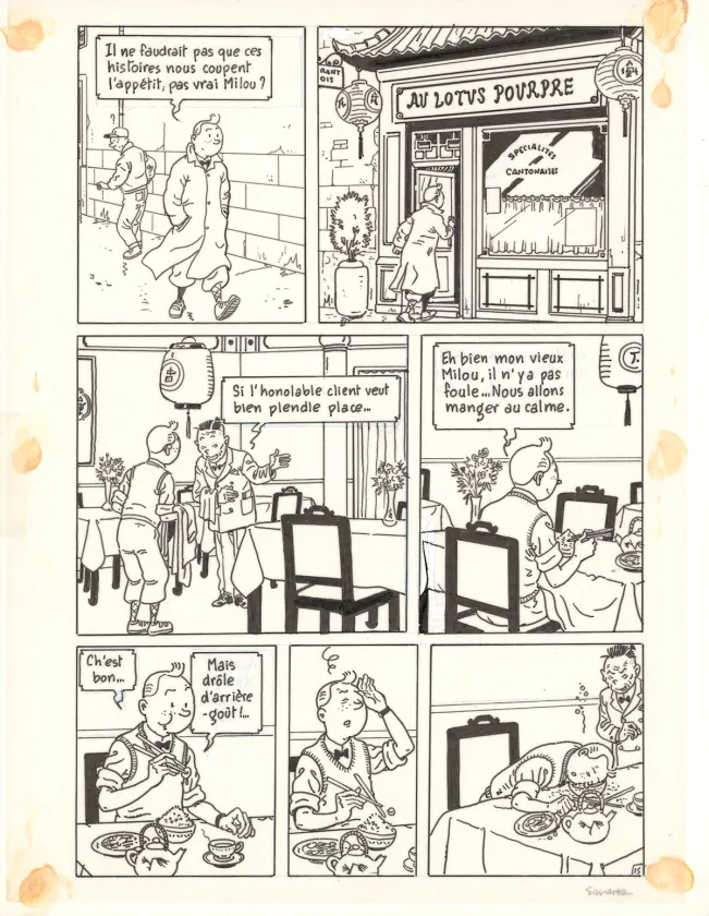 Planche noir et blanc, Tintin (pastiche), Objectif monde (T.23), Didier Savard