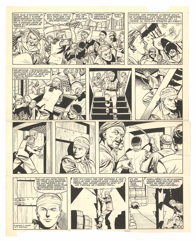 Planche noir et blanc, Barbe-Rouge, Défi au Roy (T.4), Victor Hubinon