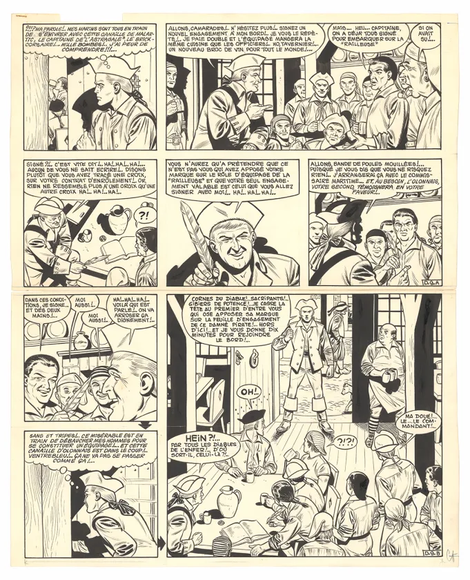 Black and white original page, Barbe-Rouge, Défi au Roy (T.4), Victor Hubinon