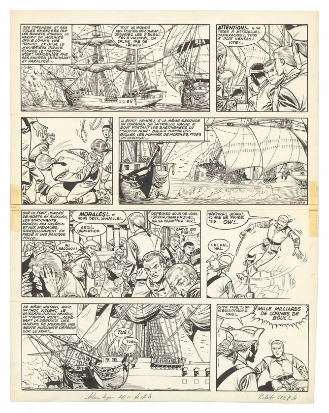 Black and white original page, Barbe-Rouge, L'Île de l'homme mort (T.7), Victor Hubinon