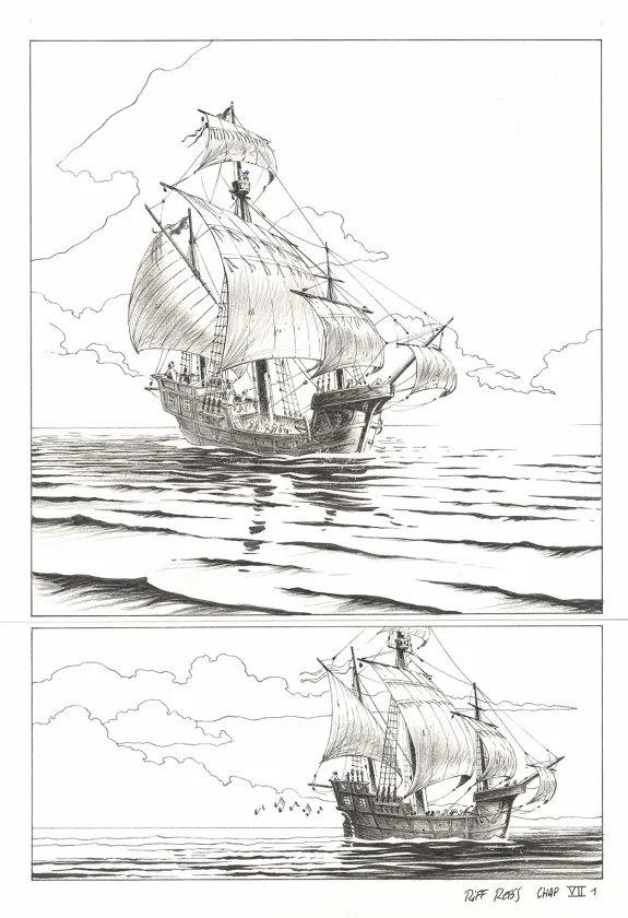 Planche noir et blanc, Kernok le pirate,  Riff Reb's