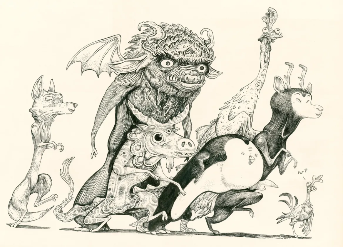Black and white illustration, Dans la forêt, Lionel Richerand