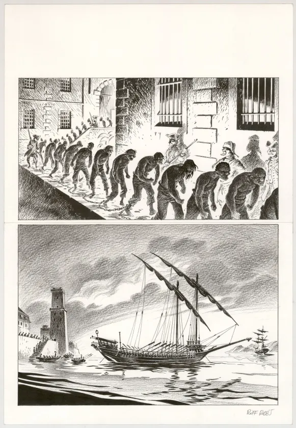 Planche noir et blanc, Hommes à la mer,  Riff Reb's