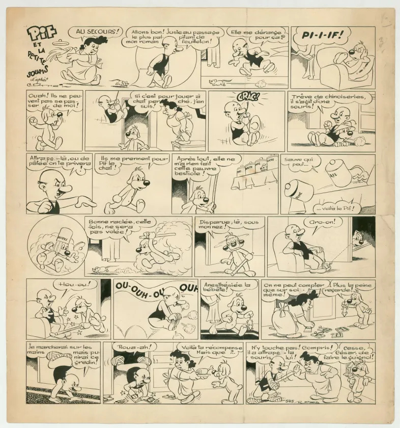 Planche noir et blanc, Pif le chien,  Rmas