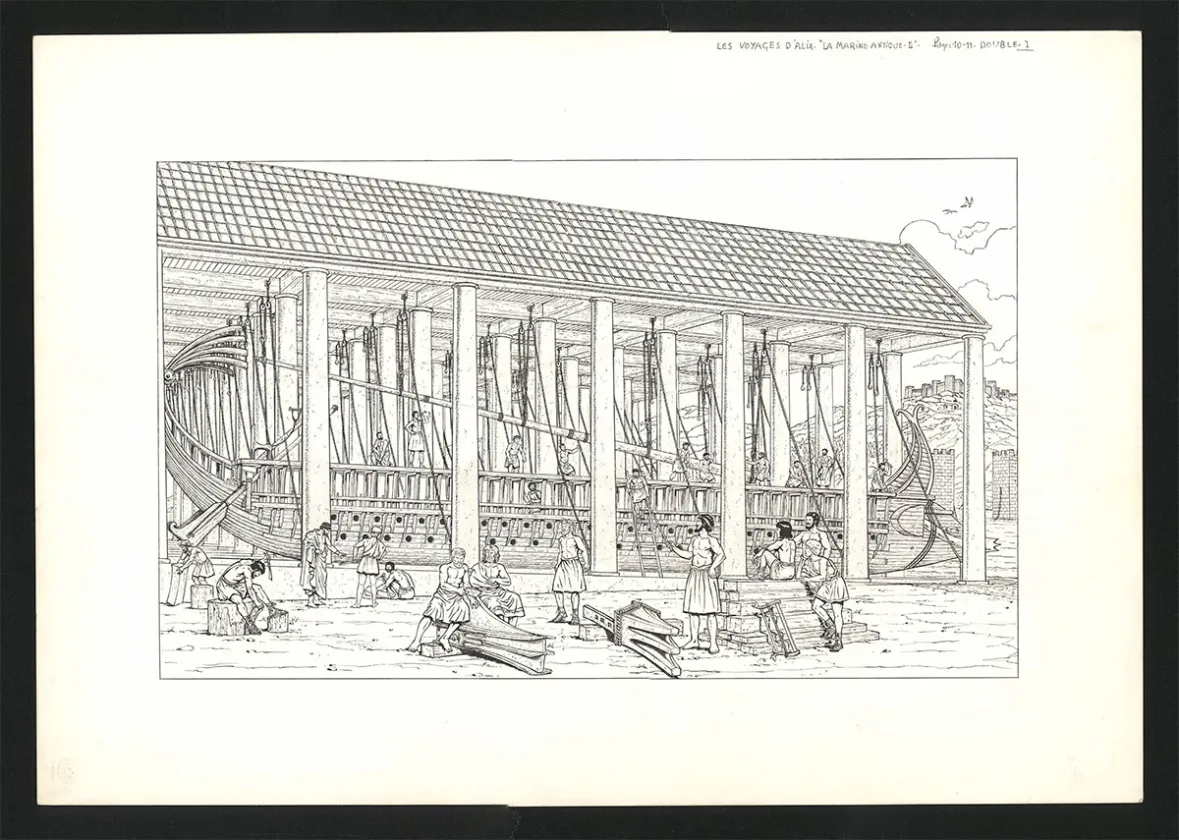 Illustration noir et blanc, Les Voyages d'Alix, La Marine Antique (T.2), Marc Henniquiau