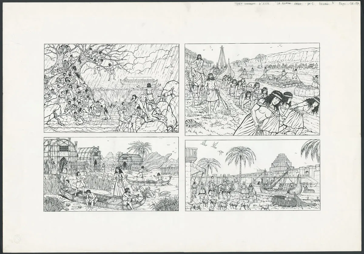 Black and white illustration, Les Voyages d'Alix, La Marine Antique (T.4), Marc Henniquiau
