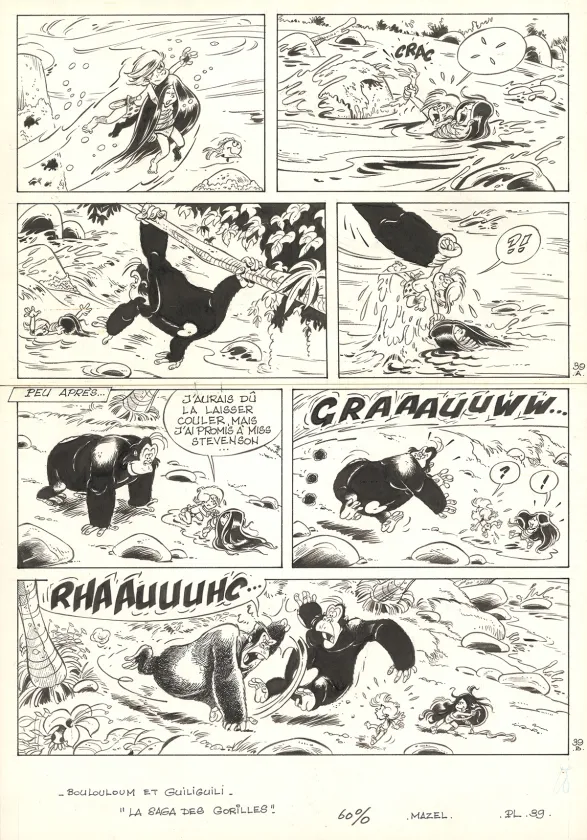 Planche noir et blanc, Boulouloum et Guiliguili (Les jungles perdues) , La Saga des gorilles (T.5),  Mazel