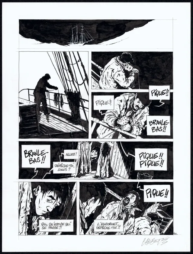 Black and white original page, Terre-Neuvas, Christophe Chabouté