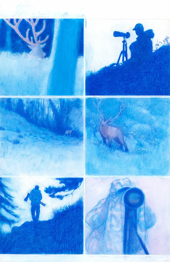 Colored original page, Les Grands Cerfs, Gaétan Nocq