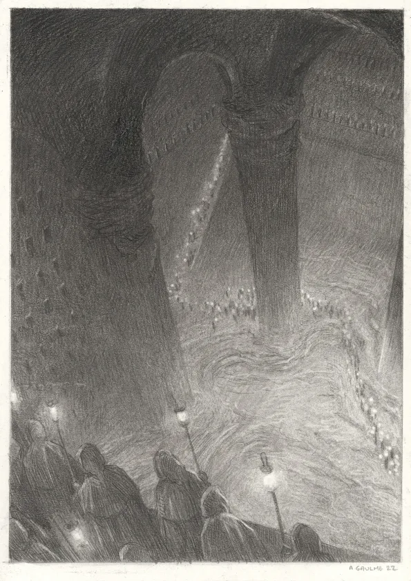 Black and white illustration, Les Carnets Lovecraft, Le Festival , Armel Gaulme
